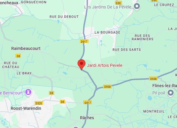 Carte routière avec une punaise rouge indiquant Jardi Artois Pevele, situé près des routes D917 et D938, entre Raimbeaucourt et Râches.
