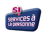 Logo S! Services à la Personne sur fond bleu. Texte blanc et rose. Design moderne et dynamique.